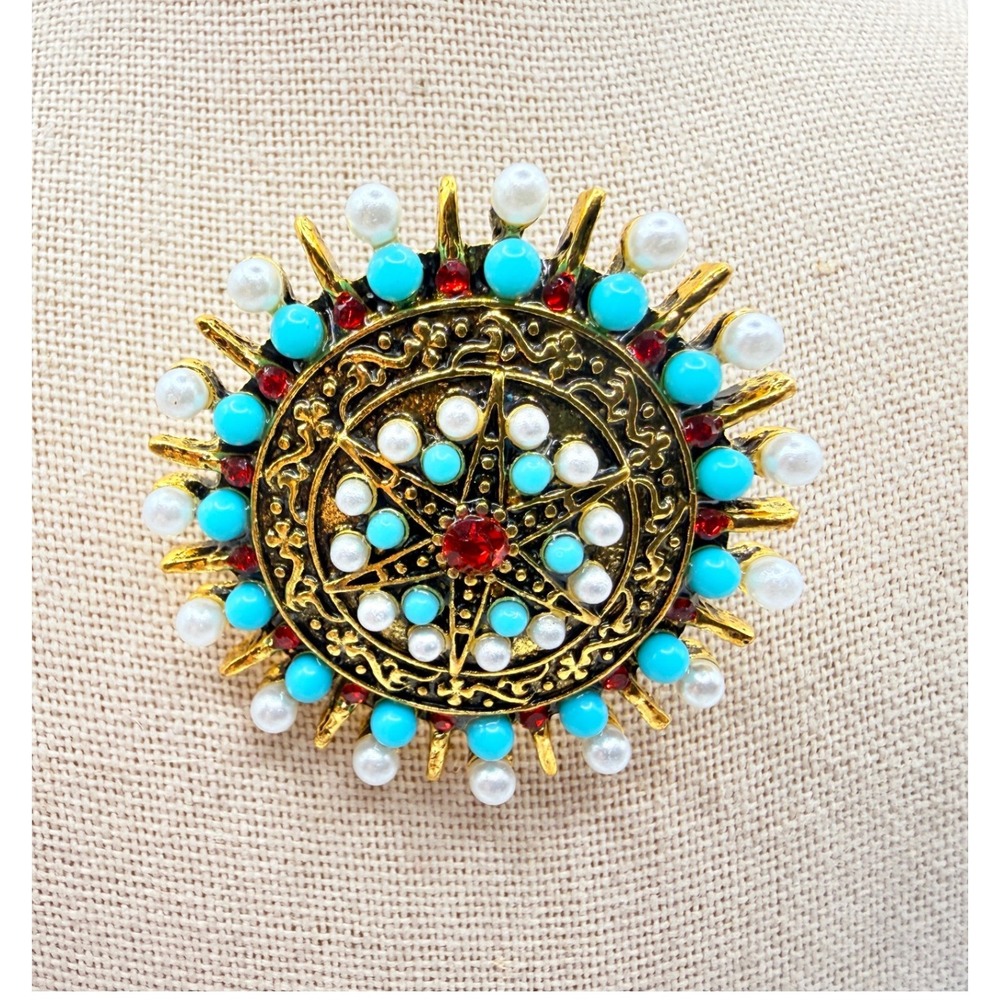 New Celestial Starburst Brooch Turquoise Pearl Red Rhinestone Gold Tone Pin